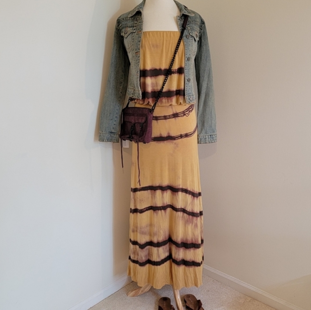 NWOT GO COUTURE Gold Tie-dye Strapless Maxi Dress Size:M